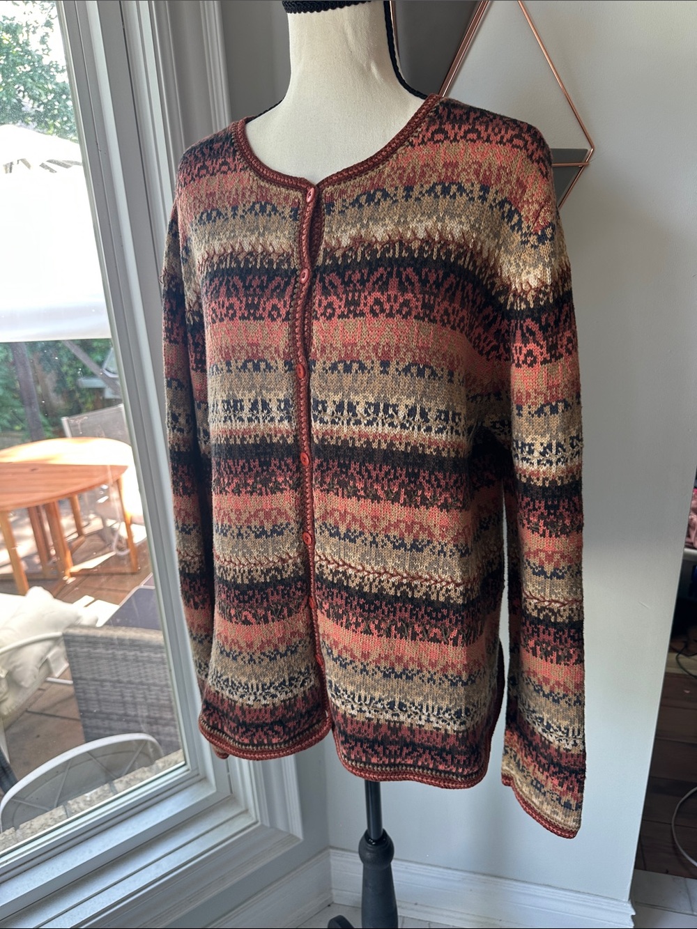 VINTAGE DENVER HAYES Striped Cardigan Sweater Rust Brown Tan 100% Cotton Size XL